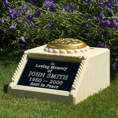 image of a memorial block with a black plaque and rope detailing for a garden memorial product listing