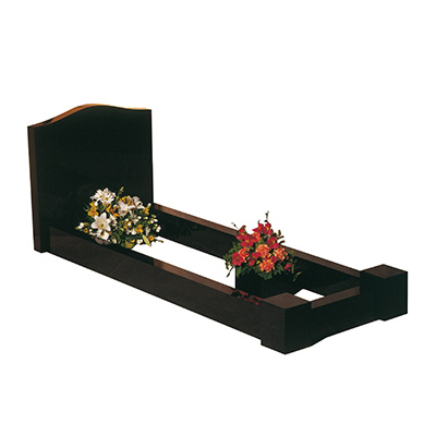 image of a black granite headstone and full kerb memorial with corner posts and a solus vase for a product listing for a full kerb memorial