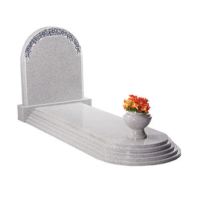image of a warwick grey granite full kerb memorial with rising steps carved flowers and a vase for a product listing for a full kerb memorial