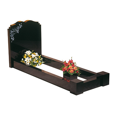 image of a black granite full kerb memorial with a unique shaped headstone for a product listing for a full kerb memorial