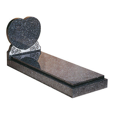 image of a blue pearl granite full kerb memorial in a heart shape with a sandblasted rose ornament for a product listing for a full kerb memorial