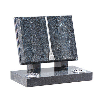 image of a blue pearl granite book design marker memorial with a cord and tassel detail and twin flower pots for a product listing for a memorial marker
