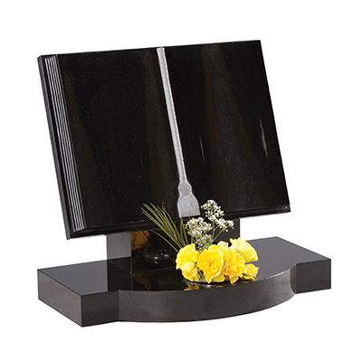 image of a black granite marker memorial in the shape of a book with a cord and tassel design and page lines for a product listing for a marker memorial