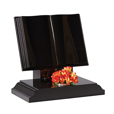 image of a black granite book memorial with polished page edges and moulded base for a product listing for a marker memorial
