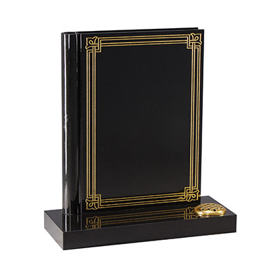 image of a black granite book style headstone with gilded border for a product listing for a headstone
