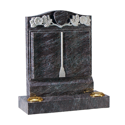 image of a bahama blue granite headstone with carved wild roses around a polished heart for a product listing for a headstone