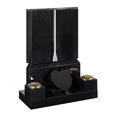 image of a black granite headstone with two vases and a central heart token for a product listing for a headstone