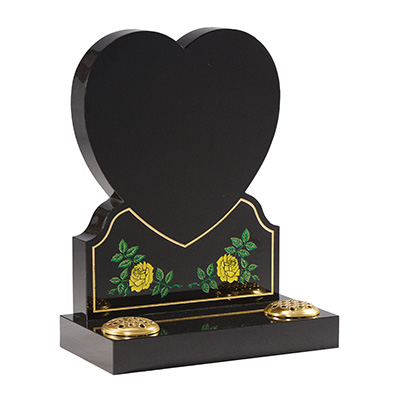 image of a black granite heart shaped headstone with hand painted roses ornament for a product listing for a headstone