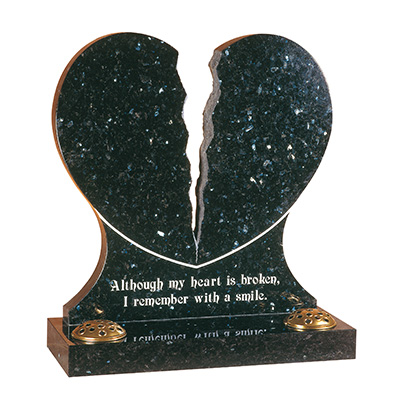 image of a emerald pearl granite headstone in the shape of a broken heart for a product listing for a memorial