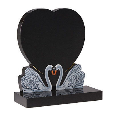 image of a black granite heart shaped headstone with two swans for a product listing for a headstone