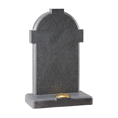 image of a dark grey granite headstone with a cross effect and rounded edges for a product listing for a headstone
