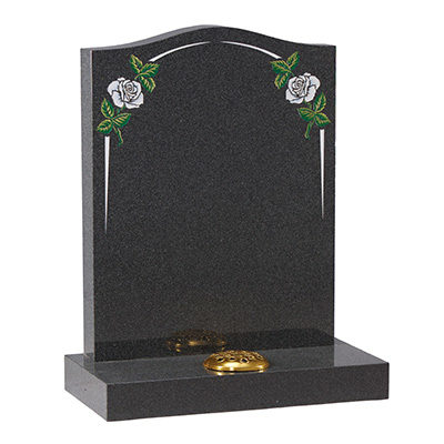 image of a dark grey granite headstone with white roses and pin lines for a product listing for a headstone