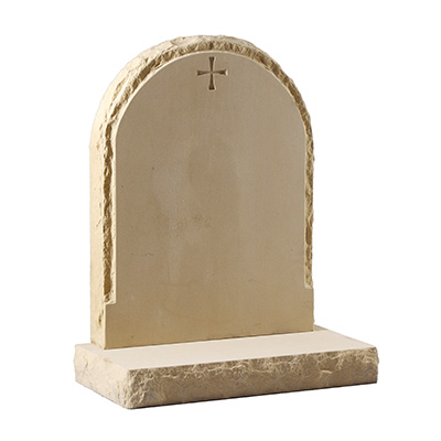 image of a yellow sandstone churchyard memorial with a cross and natural pitched edges for a product listing for a churchyard memorial