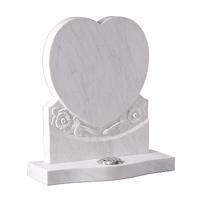 image of a heart style white marble headstone with carved wild roses for a product listing for a headstone