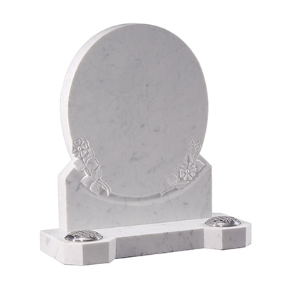 image of a white marble headstone with hand carved wild roses and twin flower pots for a product listing for a headstone