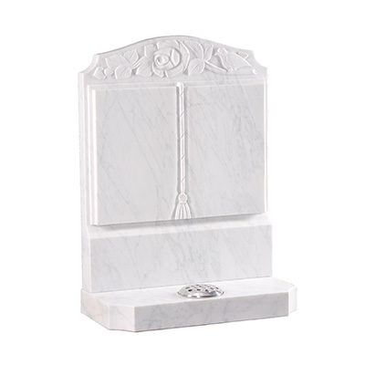 image of a white marble headstone with a book design and cord, tassel and rose detail for a product listing for a headstone
