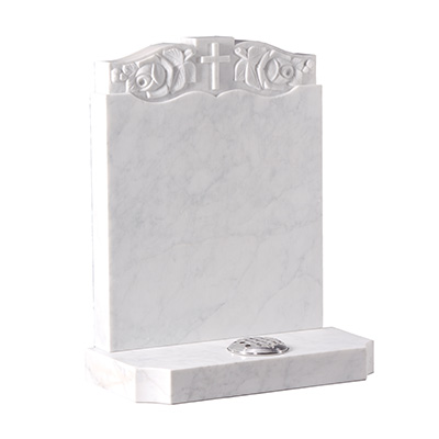 image of a white marble headstone with a hand carved shaped top panel for a product listing for a headstone