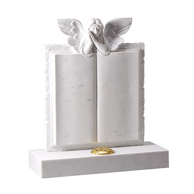 image of a book style white marble headstone with an angel for a product listing for a headstone