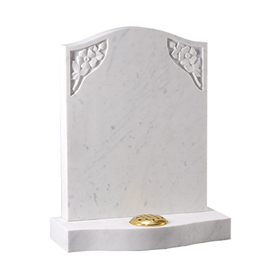 image of a white marble headstone with hand carved roses in the corners for a product listing for a headstone