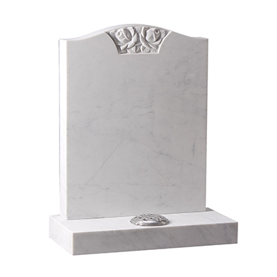 image of a white marble headstone with hand carved rose panel for a product listing for a headstone
