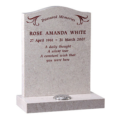 image of a rose white headstone with colour inscription for a product listing for a headstone