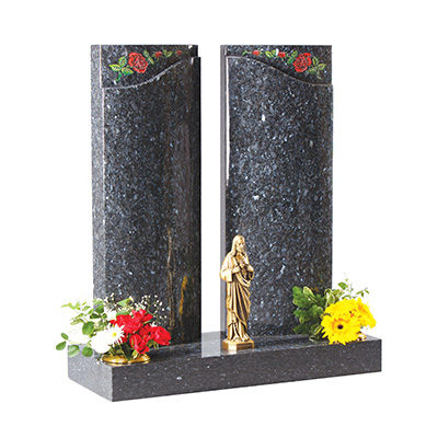 image of a blue pearl granite double headstone with rose detail and two flower pots for a product listing for a headstone
