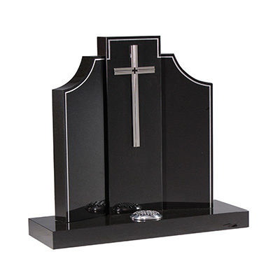 image of black granite headstone with three panels, a silver cross and silver pin lines for a product listing for a headstone