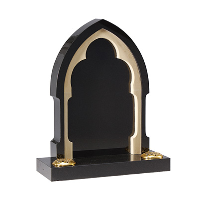 image of a black granite headstone with an internal sandstone window arch for a product listing for a headstone
