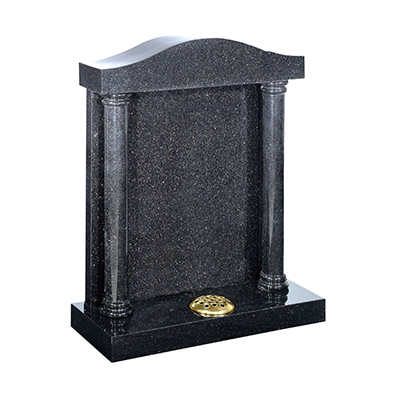image of a galaxy black granite temple style headstone with turned columns for a product listing for a headstone