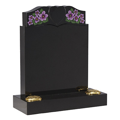 image of a black granite headstone with a raised hear and painted violets for a product listing for a headstone