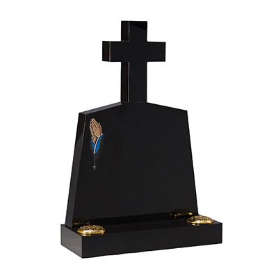 image of a black granite headstone with a latin cross and praying hands ornament for a product listing for a headstone
