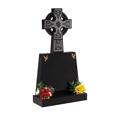 image of a black granite headstone with a celtic wheel cross design for a product listing for a headstone