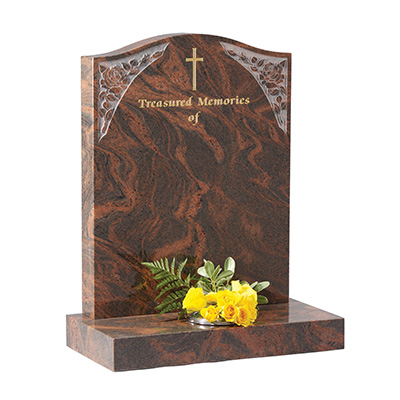 image of a twilight rose granite headstone with an etched rose design for a product listing for a headstone