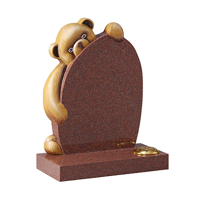 image of a red granite children's headstone with a teddy cuddling the inscription area for a children's memorial product listing