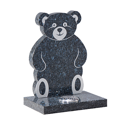 image of a blue pearl granite teddy bear shaped children's headstone for a children's memorial product listing