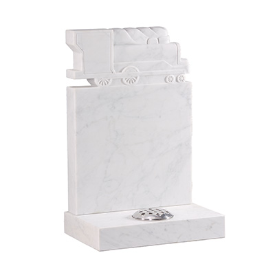 image of white marble children's headstone with carved train top for a children's memorial product listing