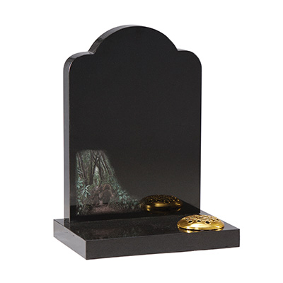 image of a black granite children's headstone with teddy bears in the wood ornament for a children's memorial product listing