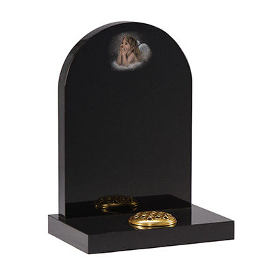 image of black granite headstone with cherub ornament for children memorial product listing
