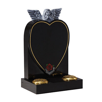 image of a black granite children's headstone with a carved angel and hand painted rose for a children's memorial product listing