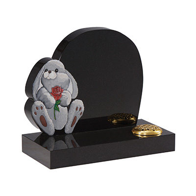 image of a black granite children's headstone with a toy rabbit carving for a children's memorial product listing