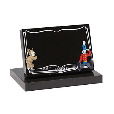 image of black granite children's headstone in a book style with bear and toy soldier detailing for childrens memorials product listing