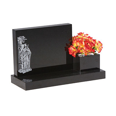 image of a black granite memorial with a vase and tablet with an etched ornament for a product listing for a marker memorial