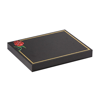 image of a black granite tablet memorial with a corner rose and a gilded pin line around the edge for a product listing for a marker memorial