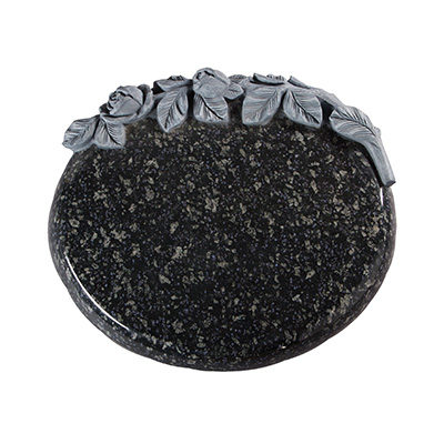 image of a midnight blue granite marker memorial in a pebble design with carved roses across the top for a product listing of a memorial marker