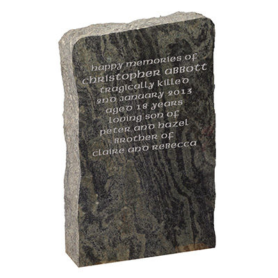 image of a hand masoned verde candeias granite boulder memorial with polished face and rustic edges for a product listing for a monolith and boulder memorial