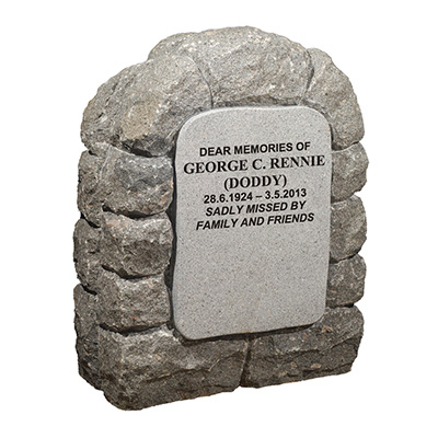 image of a craigenlow grey granite boulder memorial with a raised inscription panel for a product listing for a monolith or boulder memorial