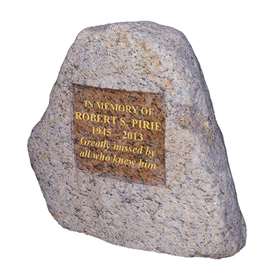 image of a glacial stone rustic boulder memorial with a polished inscription panel for a product listing for a monolith or boulder memorial