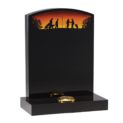 image of a black granite headstone with a hand painted golfing scene for a product listing for a headstone