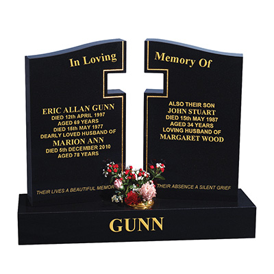 image of a black granite double grave memorial with a cut out cross and gilded highlights for a product listing for a double grave memorial