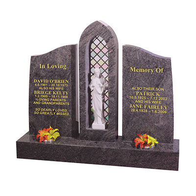 image of a paradiso granite double grave memorial with gothic stained glass winged head stone and a marble statue for a product listing for a double grave memorial